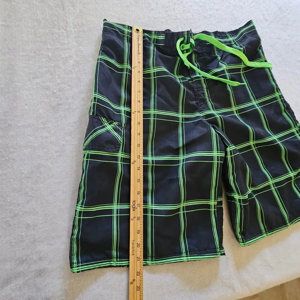 OP Men's Board Shorts Swim Trunks, Green Black Plaid, Size M